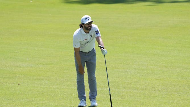 PGA Tour player Adam Hadwin of Canada reacts to one of his shots at the Memorial Tournament.