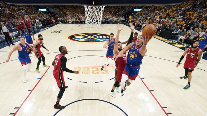 Nuggets PF Aaron Gordon gets to the cup on the Heat in Game 1 of the 2023 NBA Finals.