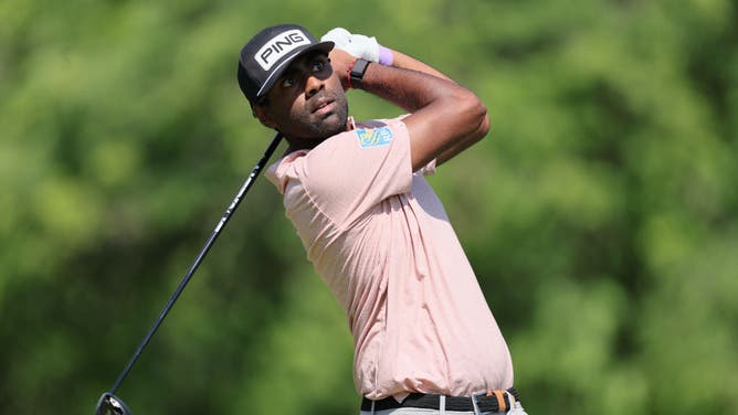Sahith Theegala hits a tee shot during the Memorial Tournament.