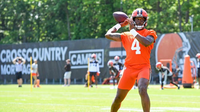 Deshaun Watson of the Cleveland Browns throws a pass during the Cleveland Browns OTAs.