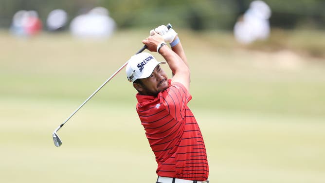 Hideki Matsuyama of Japan plays a shot during a practice round prior to the 123rd U.S. Open Championship at The Los Angeles Country Club.