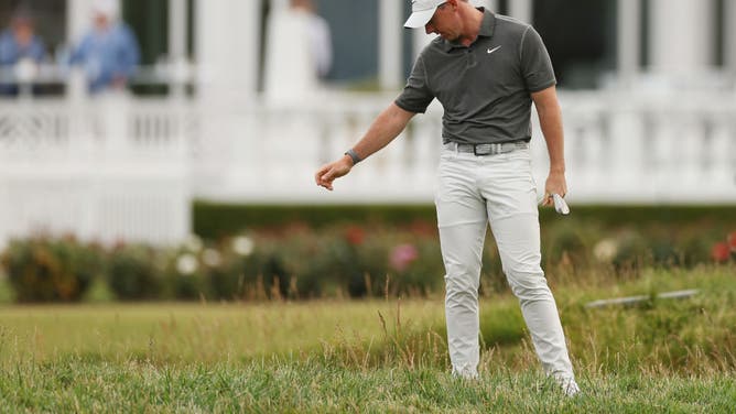 Rory McIlroy reacts missing the ball on the 18th hole during the first round of the 123rd U.S. Open Championship at The Los Angeles Country Club.