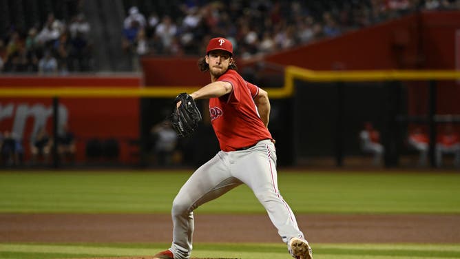 Philadelphia Phillies RHP Aaron Nola delivers a pitch vs. the Arizona Diamondbacks at Chase Field in Phoenix.