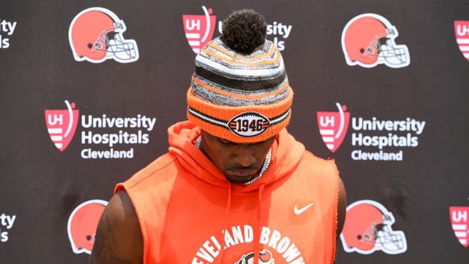 Deshaun Watson of the Cleveland Browns speaks during a press conference.