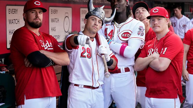 The Reds poses for a photo after hitting a solo HR vs. the Arizona Diamondbacks at Great American Ball Park in Cincinnati, Ohio.