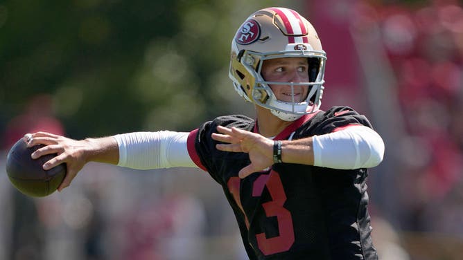 Brock Purdy of the San Francisco 49ers works out during training camp at SAP Performance Facility.