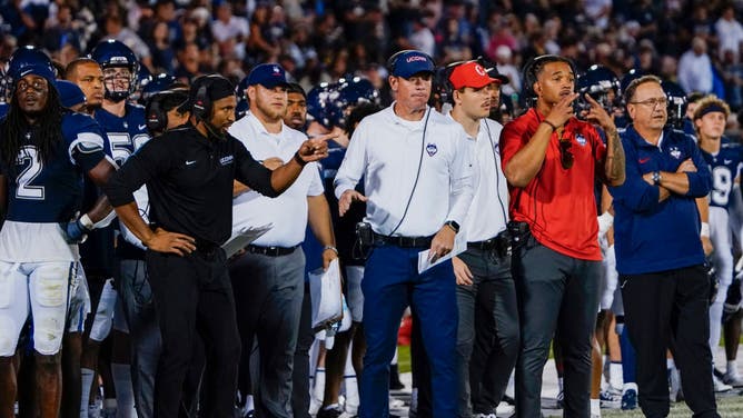 UConn coach Jim Mora looks on from the sidelines during the game vs. NC State in East Hartford.