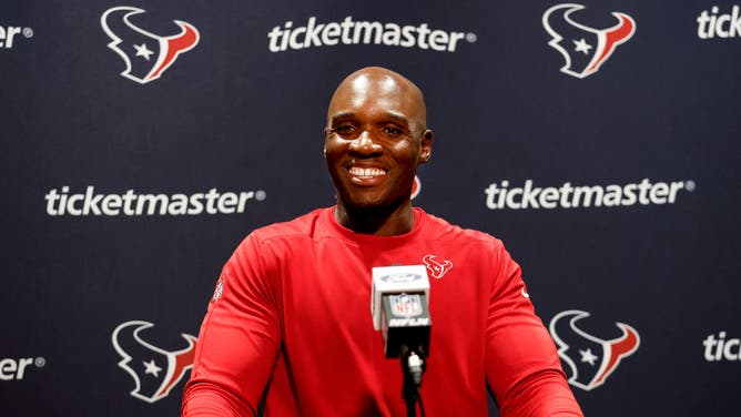 Head coach DeMeco Ryans of the Houston Texans talks with the media during his post game press conference following the first win of his NFL head coaching career over the Jacksonville Jaguars.