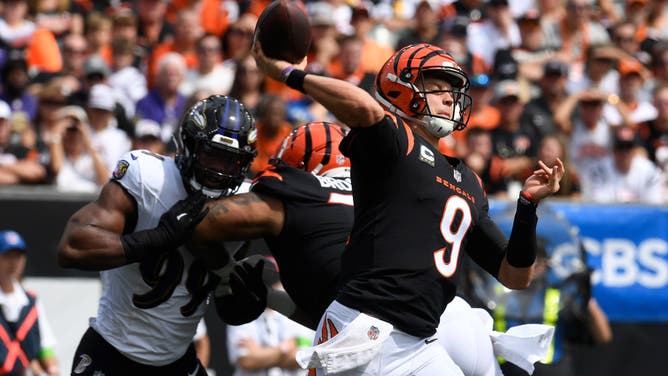 Bengals QB Joe Burrow drops back to pass against the Baltimore Ravens at Paycor Stadium in Cincinnati, Ohio.
