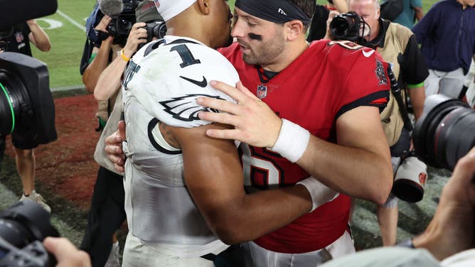 Philadelphia Eagles QB Jalen Hurts and Buccaneers QB Baker Mayfield talk postgame at Raymond James Stadium in Tampa Bay, Florida.
