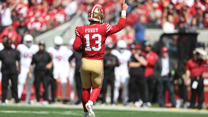San Francisco 49ers QB Brock Purdy celebrates after a TD vs. the Arizona Cardinals at Levi's Stadium in Santa Clara, California.