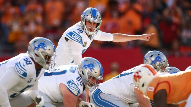 Detroit Lions QB Jared Goff calls a play at the line of scrimmage vs. the Buccaneers at Raymond James Stadium in Tampa Bay, Florida.