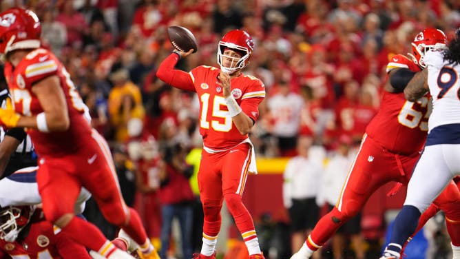 Chiefs QB Patrick Mahomes drops back to pass vs. the Denver Broncos at GEHA Field at Arrowhead Stadium in Kansas City, Missouri.