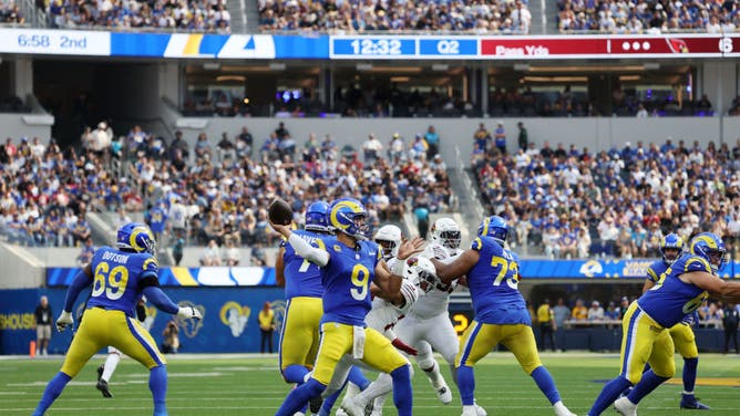 Los Angeles Rams QB Matthew Stafford throws a pass against the Arizona Cardinals at SoFi Stadium in Inglewood, California.