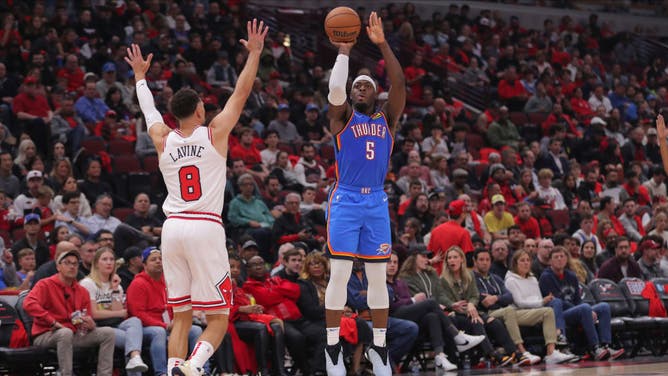 Oklahoma City Thunder wing Luguentz Dort shoots a 3-pointer vs. the Chicago Bulls.