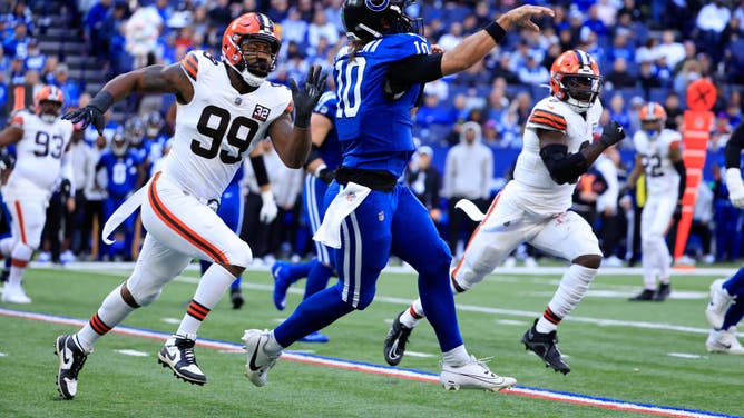 Colts QB Gardner Minshew throws a pass against the Cleveland Browns at Lucas Oil Stadium in Indianapolis.