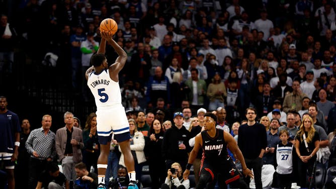 Timberwolves All-Star Anthony Edwards shoots an uncontested 3-pointer vs. the Miami Heat at Target Center in Minneapolis.