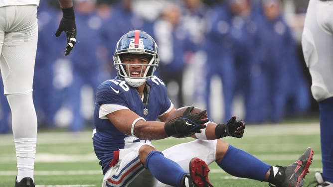 Saquon Barkley of the New York Giants during a game against the New York Jets at MetLife Stadium.