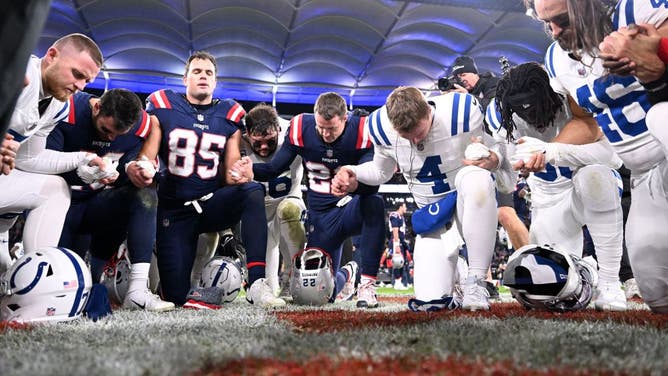 NFL players from different teams that try to beat each other for 60 minutes often show their faith together afterward.