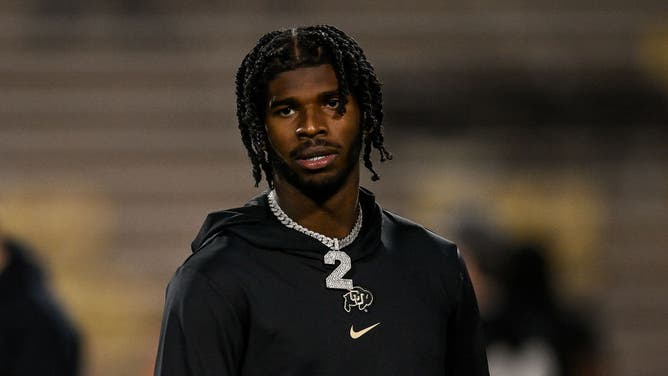 Quarterback Shedeur Sanders of the Colorado Buffaloes looks on before a game against the Oregon State Beavers.