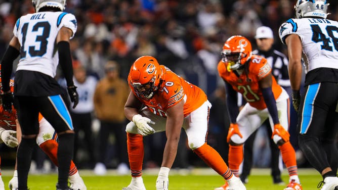 Braxton Jones of the Chicago Bears lines up during an NFL football game against the Carolina Panthers at Soldier Field.