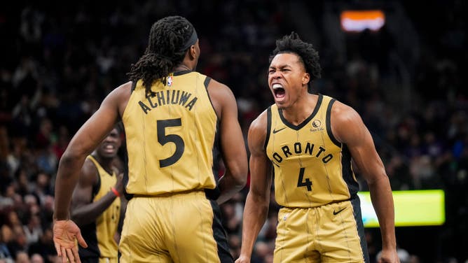 Raptors wing Scottie Barnes celebrates is pumped after a bucket against the Chicago Bulls in an NBA In-Season Tournament game at the Scotiabank Arena in Toronto, Ontario, Canada.