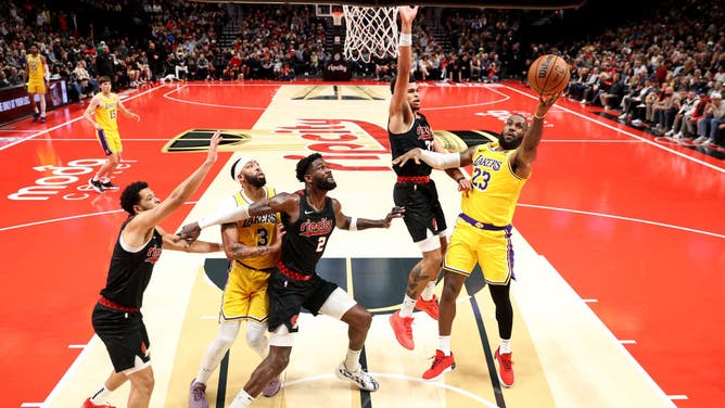 Los Angeles Lakers SF LeBron James gets a layup vs. the Trail Blazers in an NBA In-Season Tournament game at Moda Center in Portland, Oregon.