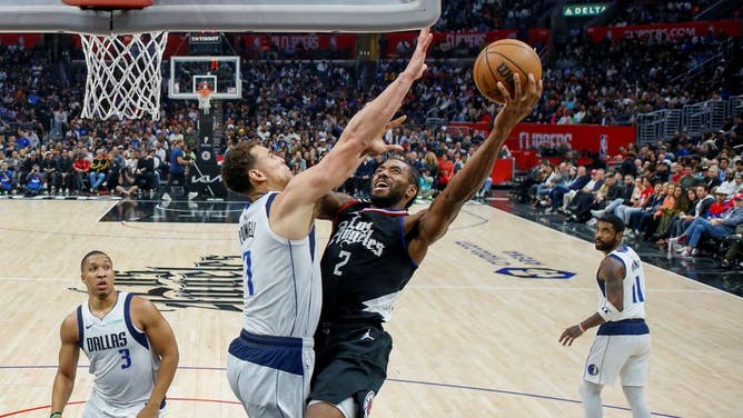 Clippers wing Kawhi Leonard goes to the rack on the Dallas Mavericks at the Crypto.com Arena in Los Angeles.