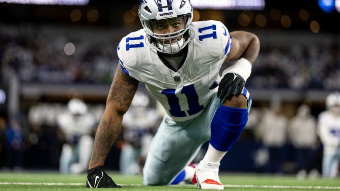 Dallas Cowboys pass rusher Micah Parsons stretches prior to an NFL Thursday Night Football game vs. the Seattle Seahawks at AT&T Stadium in Arlington, Texas.