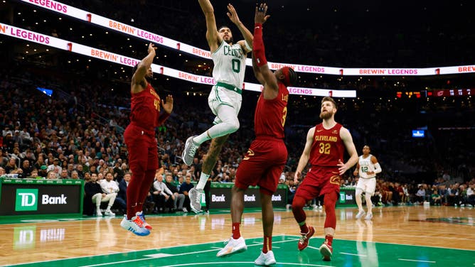 Celtics wing Jayson Tatum goes to the basket on the Cleveland Cavaliers at TD Garden in Boston.