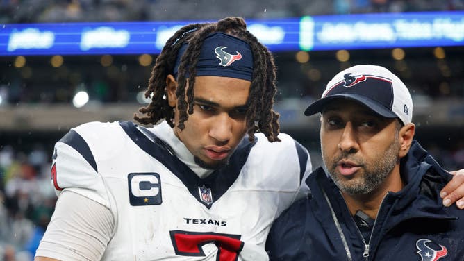 C.J. Stroud #7 of the Houston Texans walks off the field with an injury during the second half in the game against the New York Jets at MetLife Stadium.