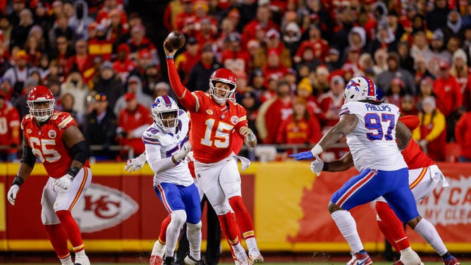 Chiefs QB Patrick Mahomes throws on the run vs. the Buffalo Bills at GEHA Field at Arrowhead Stadium in Kansas City, Missouri.