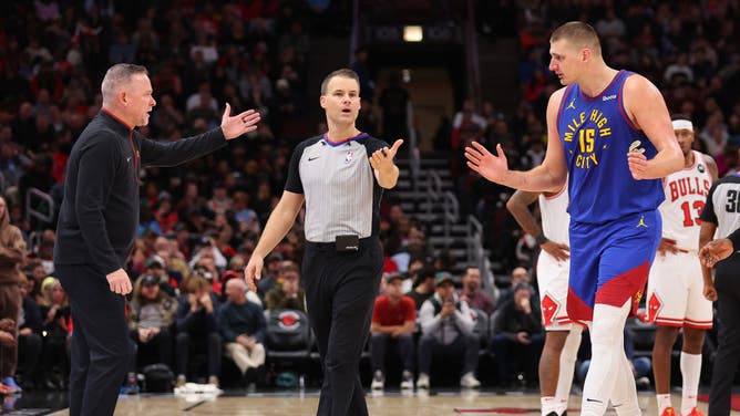 Denver Nuggets big Nikola Jokic reacts to getting ejected in an NBA game vs. the Chicago Bulls at the United Center in Chicago.