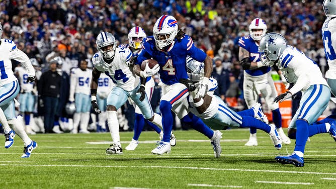Buffalo Bills RB James Cook runs the ball on the Dallas Cowboys at Highmark Stadium in Orchard Park, New York.