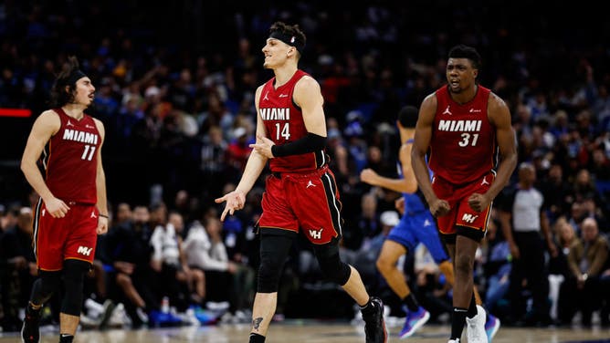 Miami Heat SG Tyler Herro celebrates a 3-pointer on the Magic at Amway Center in Orlando, Florida.