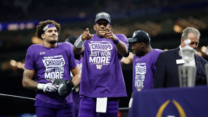 Washington Huskies QB Michael Penix Jr. celebrates after a 37-31 victory vs. the Texas Longhorns in the CFP Semifinal Sugar Bowl at Caesars Superdome in New Orleans.