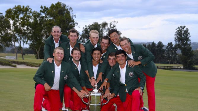 Team USA poses with the 2017 Walker Cup Trophy at the Los Angeles Country Club.