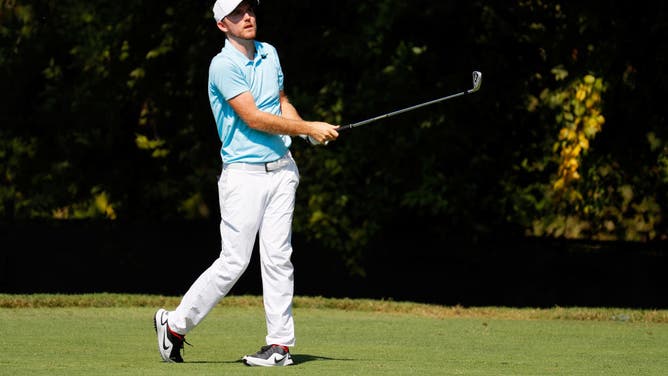 Russell Henley plays his shot from the 2nd tee during the 2nd round of the 2017 TOUR Championship at East Lake Golf Club.