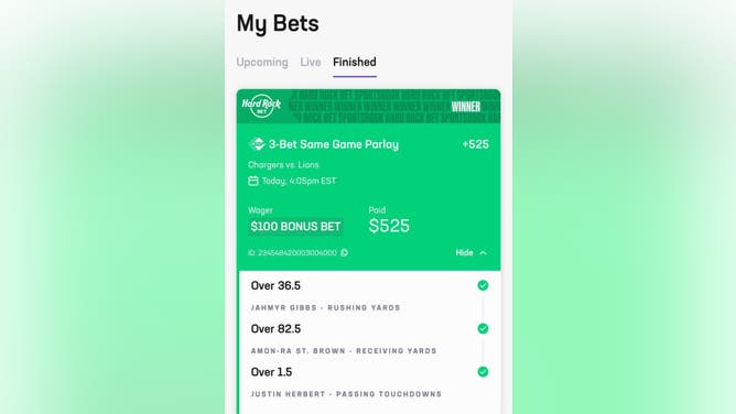Florida resident, and OutKick writer, Zach Dean's bet slip on a winning 3-leg SGP via the Hard Rock app.