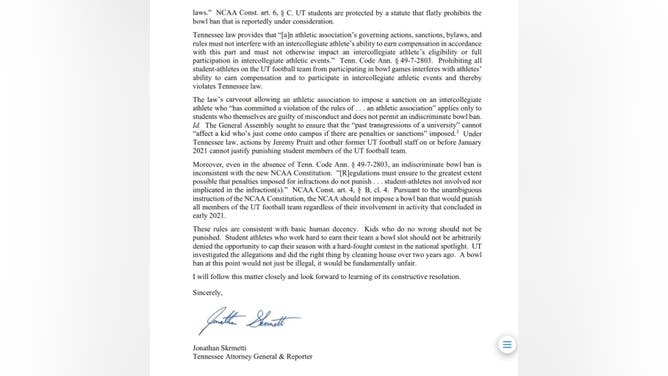 Tennessee's Attorney General wrote a letter to the NCAA stating he would sue them if Tennessee received a bowl ban as part of punishment.