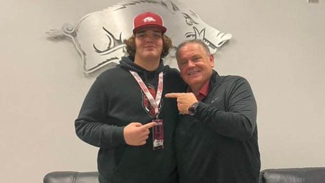 2026 Arkansas committed Bear McWhorter with Razorbacks head Coach Sam Pittman