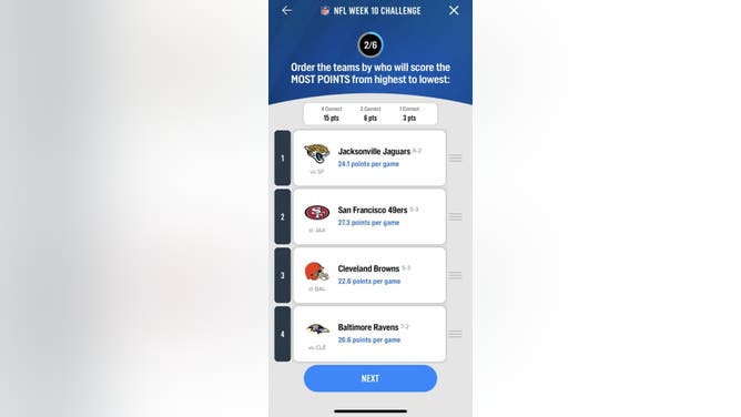 The 2nd question in the FOX Super 6 NFL contest for Week 10 courtesy of the FOX Sports App.
