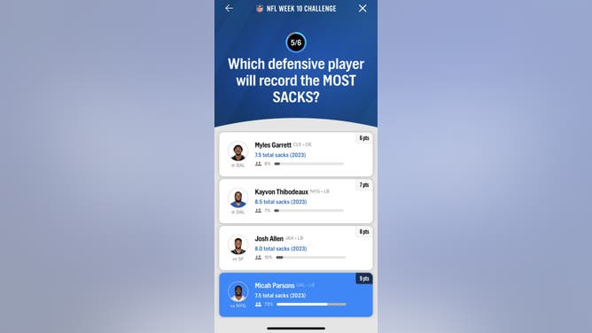 Question #5 in the FOX Super 6 NFL contest for Week 10 courtesy of the FOX Sports App.
