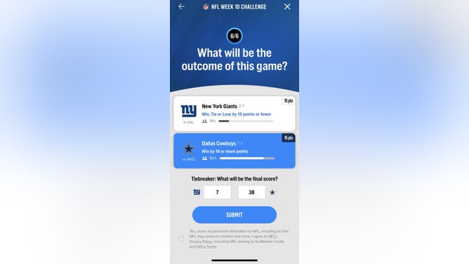 The 6th question in the FOX Super 6 NFL contest for Week 10 courtesy of the FOX Sports App.