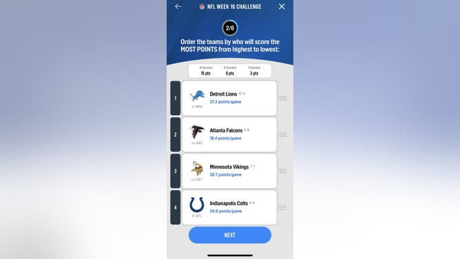 The 2nd question in the FOX Super 6 NFL contest for Week 16 courtesy of the FOX Sports App.