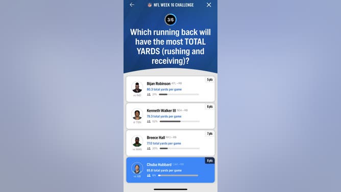 Question #3 in the FOX Super 6 NFL contest for Week 16 courtesy of the FOX Sports App.