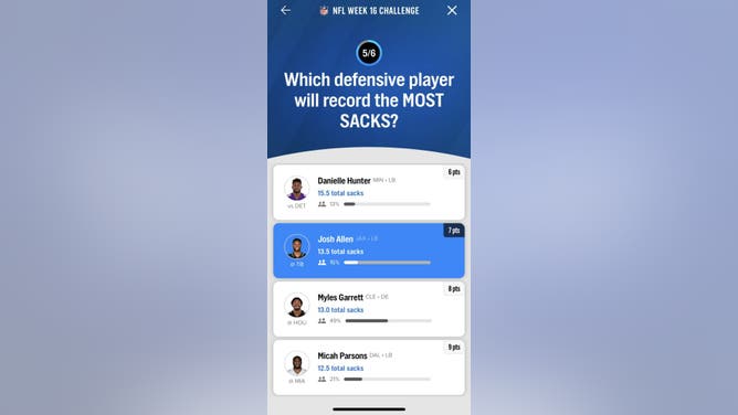 Question #5 in the FOX Super 6 NFL contest for Week 16 courtesy of the FOX Sports App.
