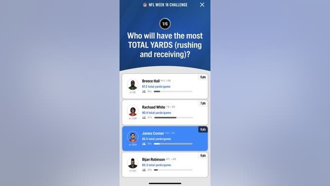 Question #1 in the FOX Super 6 NFL contest for Week 18 courtesy of the FOX Sports App.
