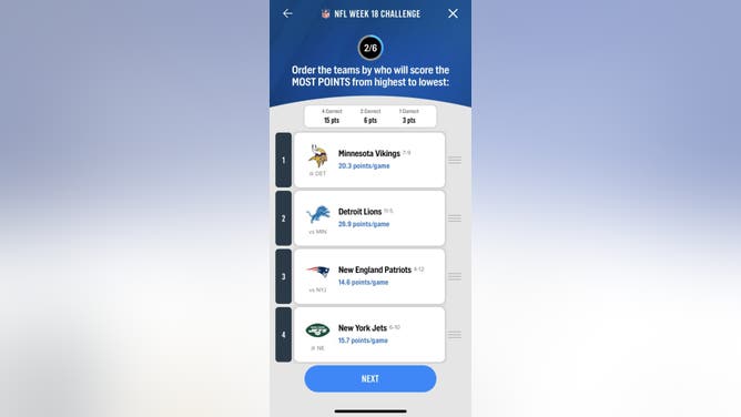 The 2nd question in the FOX Super 6 NFL contest for Week 18 courtesy of the FOX Sports App.