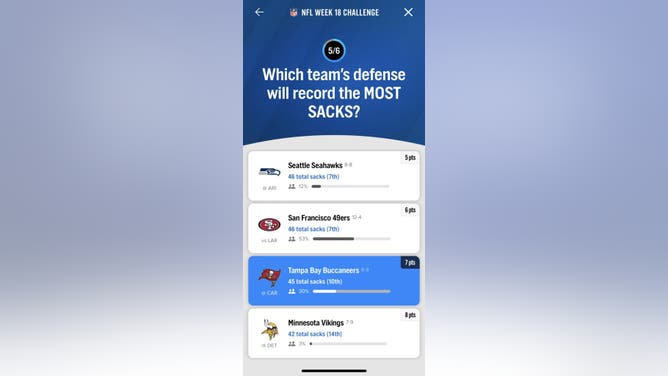 Question #5 in the FOX Super 6 NFL contest for Week 18 courtesy of the FOX Sports App.